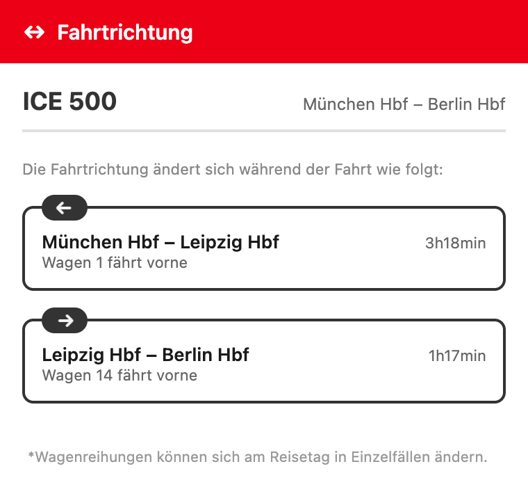 Screenshot der Fahrtrichtung-Extension: ICE 500 München–Berlin, Fahrtrichtung pro Streckenabschnitt mit Pfeil und Angabe, welcher Wagen vorne fährt